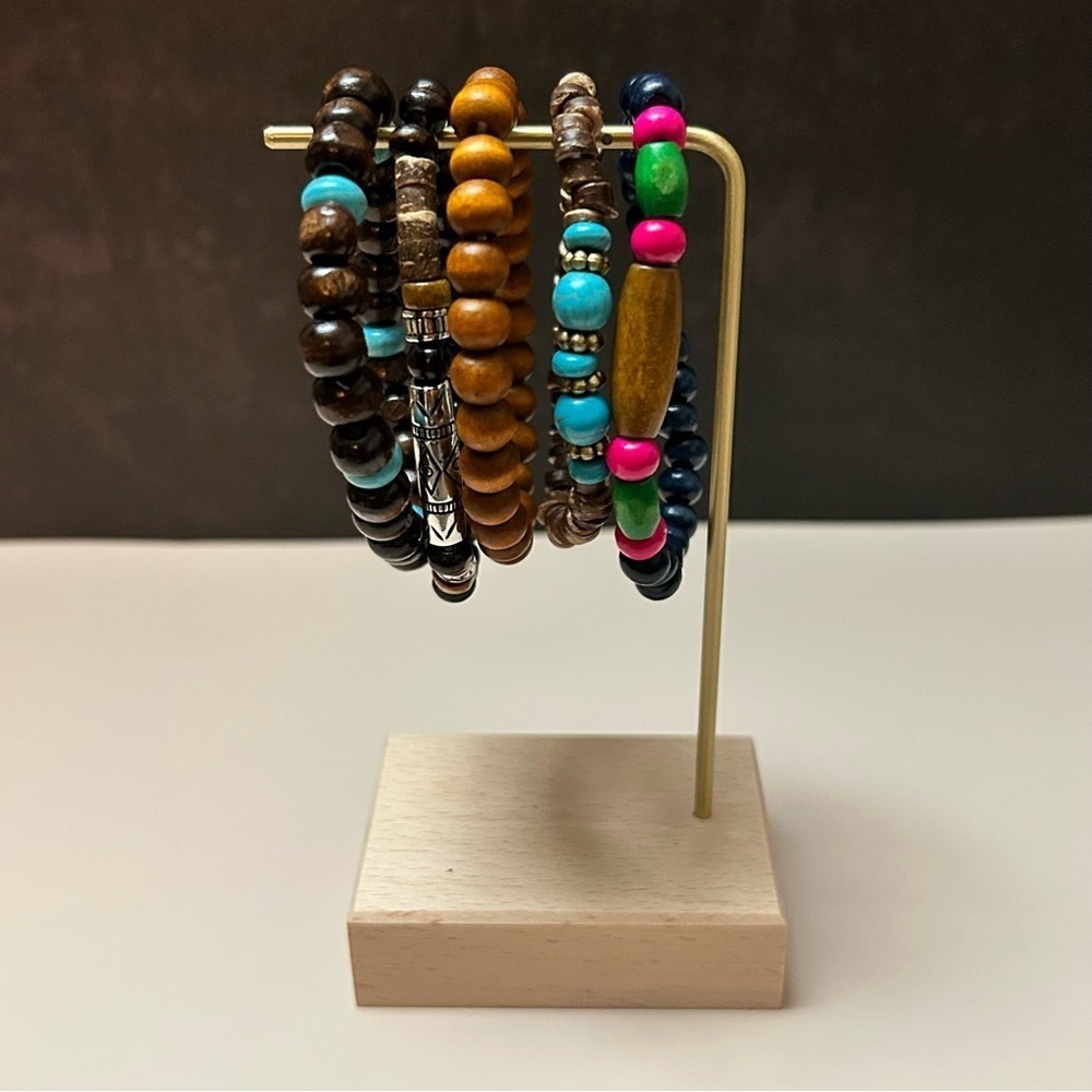 5 Piece Multicolor Brown Silver Green Blue Turquoise Beaded Bracelet Set